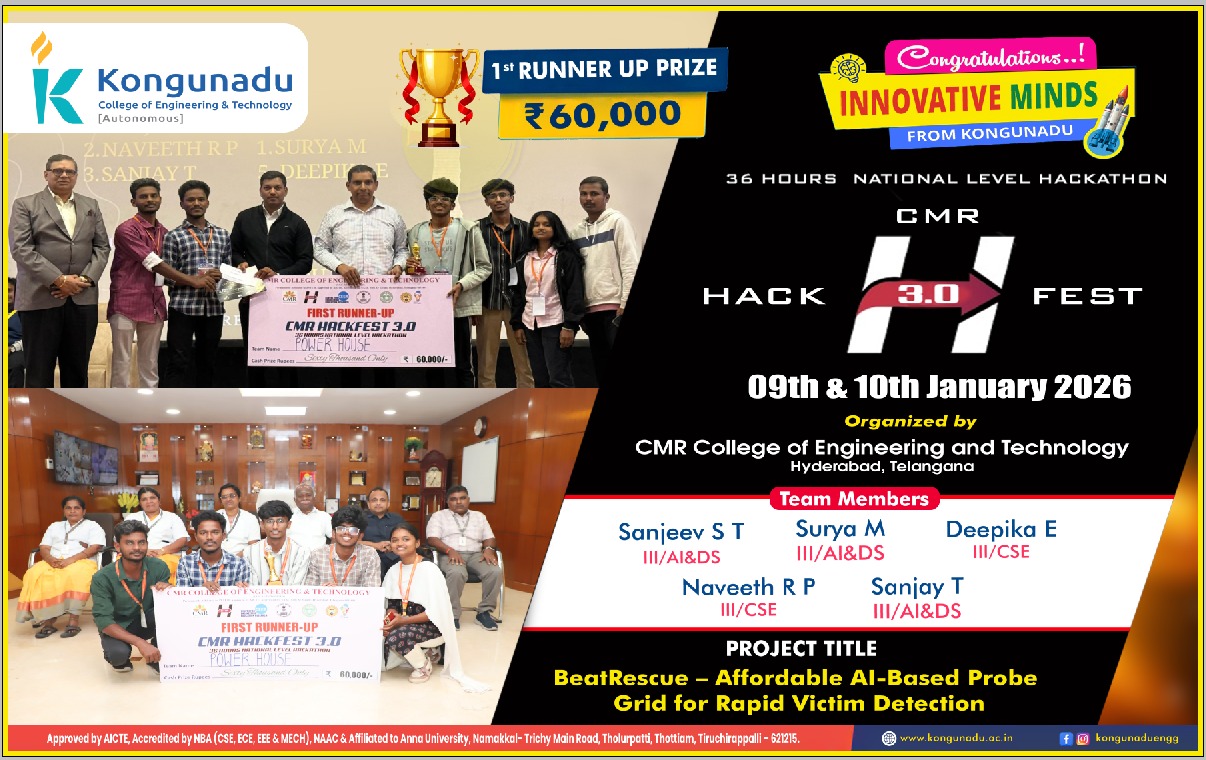 National Level Hackathon - 1st Runner Up Prize of Rs.60000 @ CMR College of Engineering and Technology